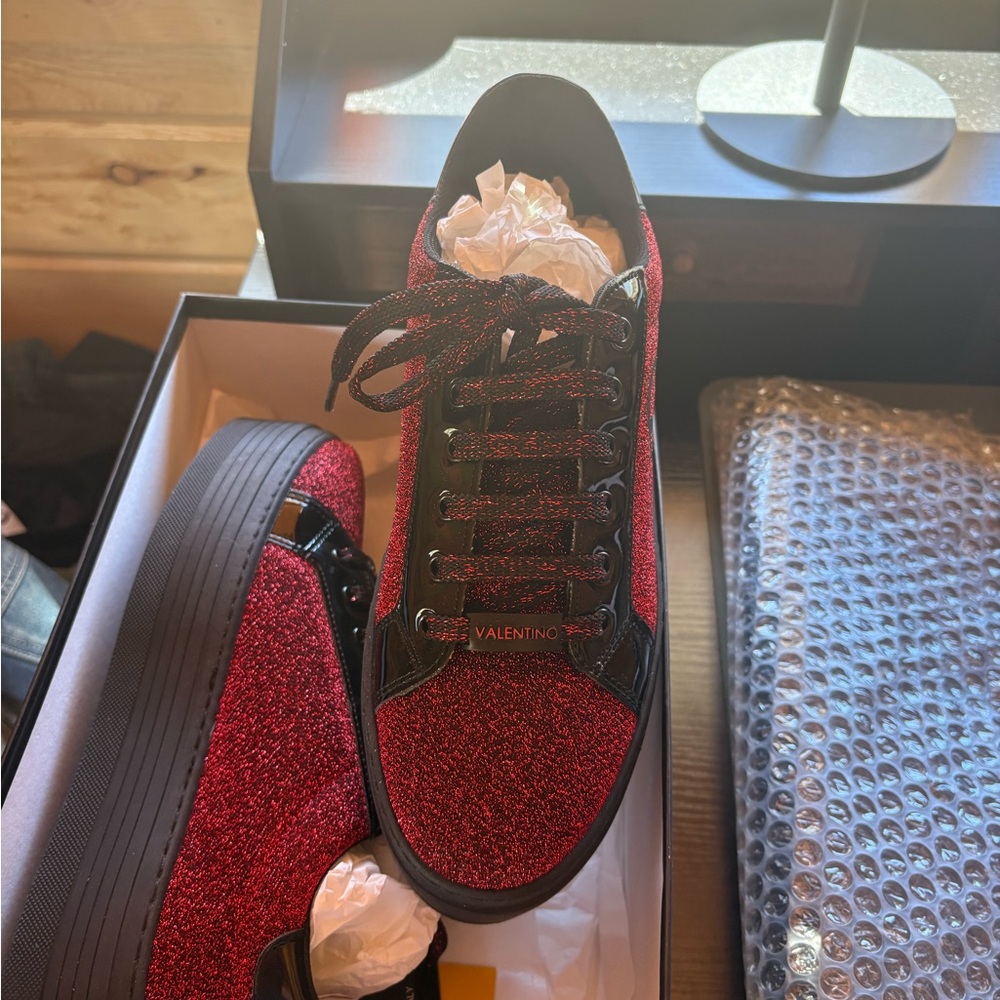 Valentino Red Glitter Low-Top Sneakers with Black Accents